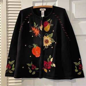 Tiara International Fall Embroidery Patch Cardigan Sweater L Black Fall Harvest